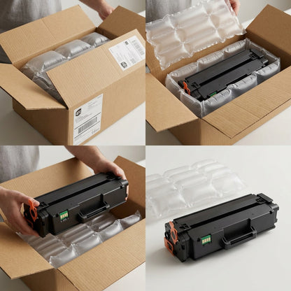 Elevate Imaging HP CF450A black toner cartridge unboxing from secure, air-cushioned shipping box.