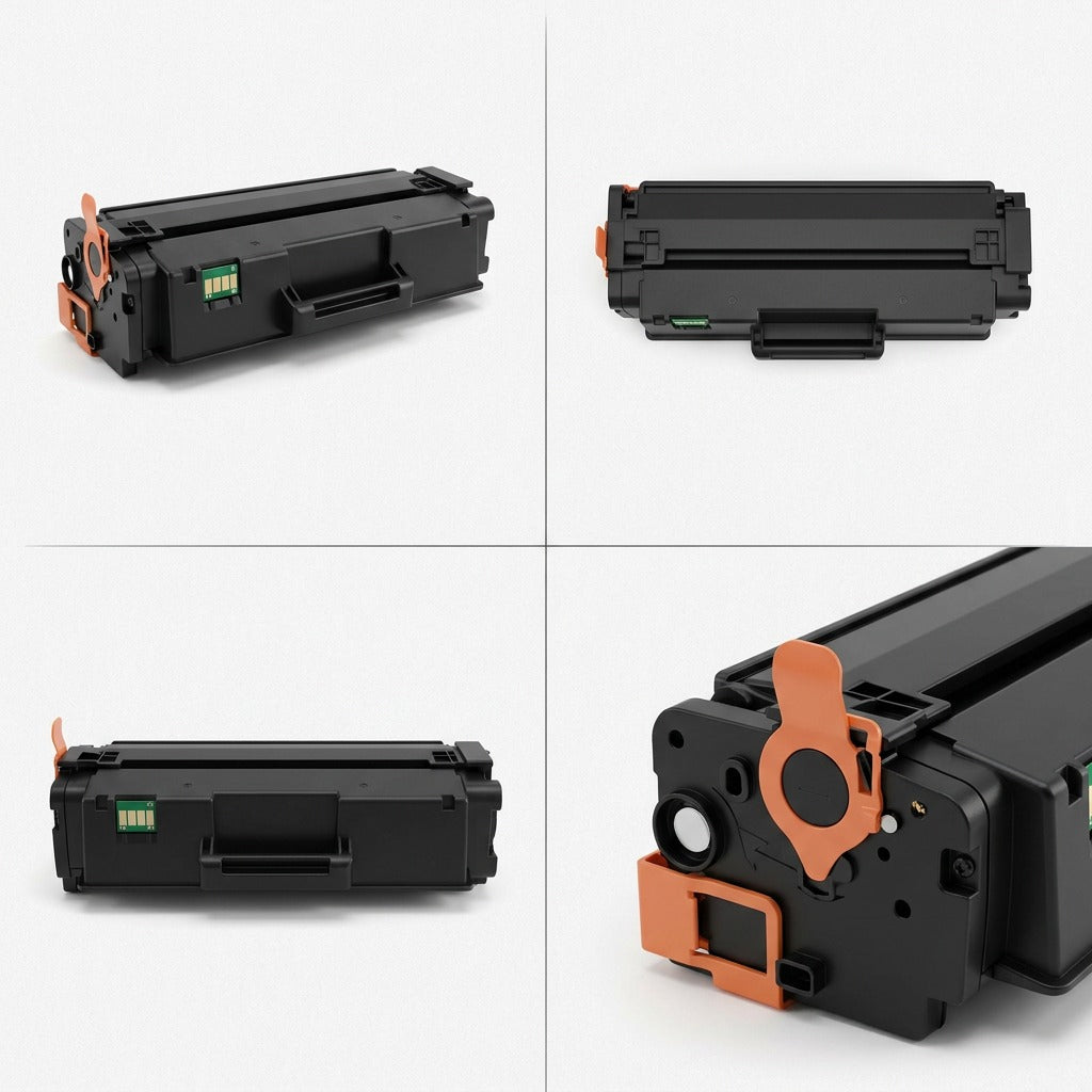 A quad-grid view showing multiple angles of the Elevate Imaging Reman HP CF450A black toner cartridge.