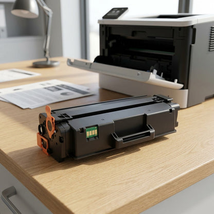 Elevate Imaging Reman HP CF450A Black Toner Cartridge on an office desk next to an open laser printer.