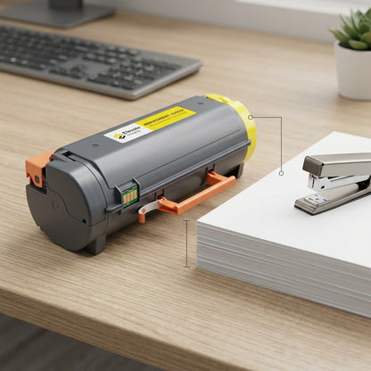 Elevate Imaging HP W2022A (414A) yellow toner cartridge on a desk next to a stapler for scale.