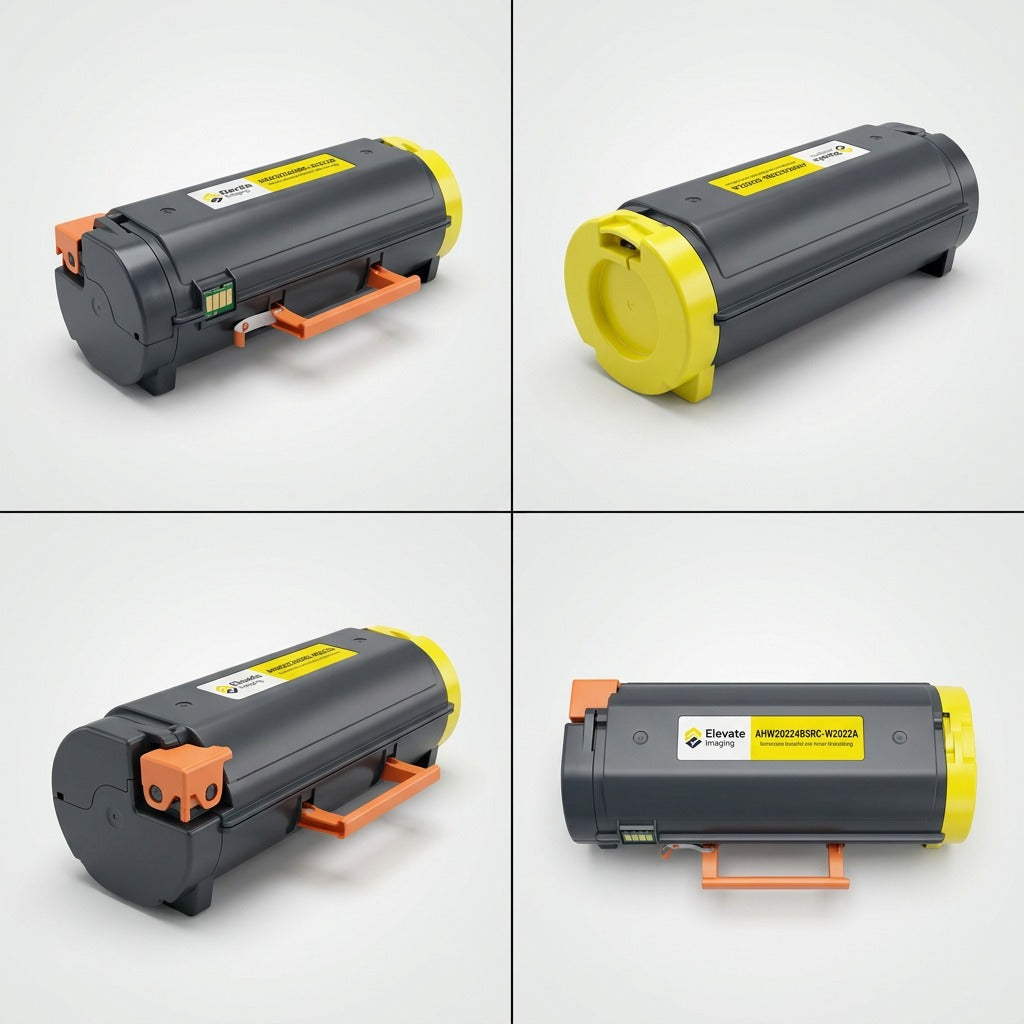 Four-angle grid view of an Elevate Imaging Remanufactured HP W2022A (414A) Yellow Toner Cartridge.