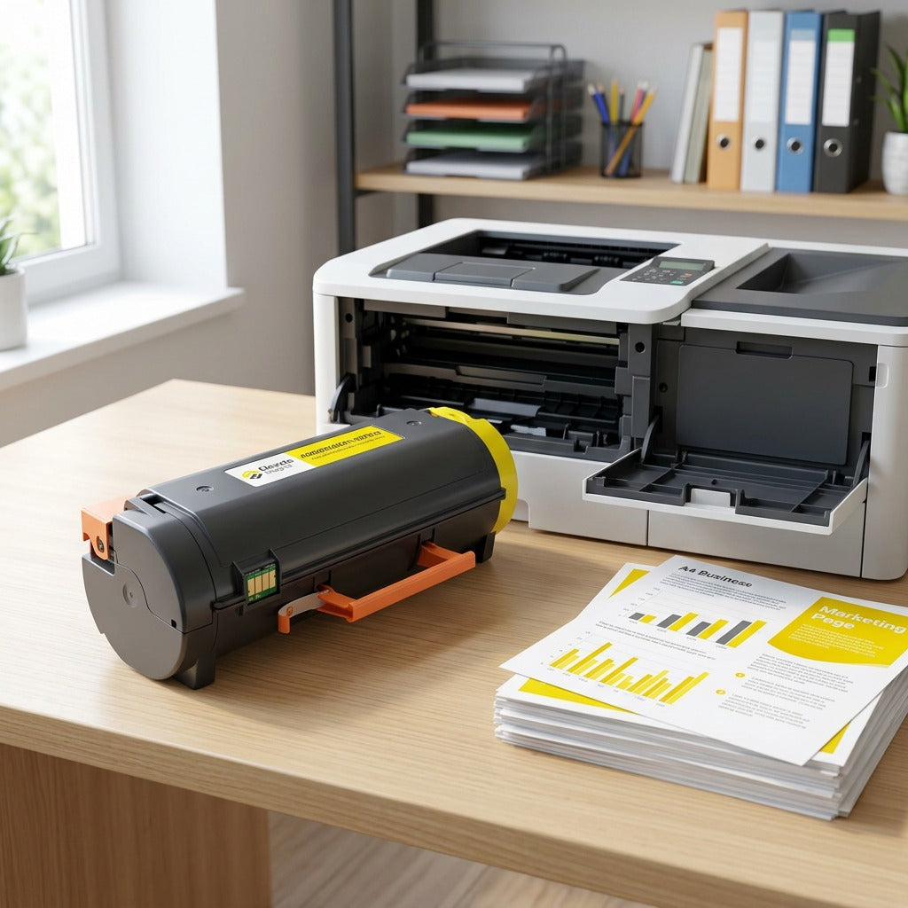 Elevate Imaging HP W2022A (414A) Yellow toner cartridge on an office desk next to a laser printer.