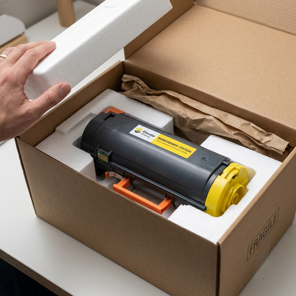 Elevate Imaging HP W2022A Yellow Toner inside a secure shipping box with foam inserts for protection.