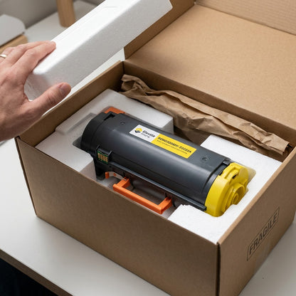 Elevate Imaging HP W2022A Yellow Toner inside a secure shipping box with foam inserts for protection.