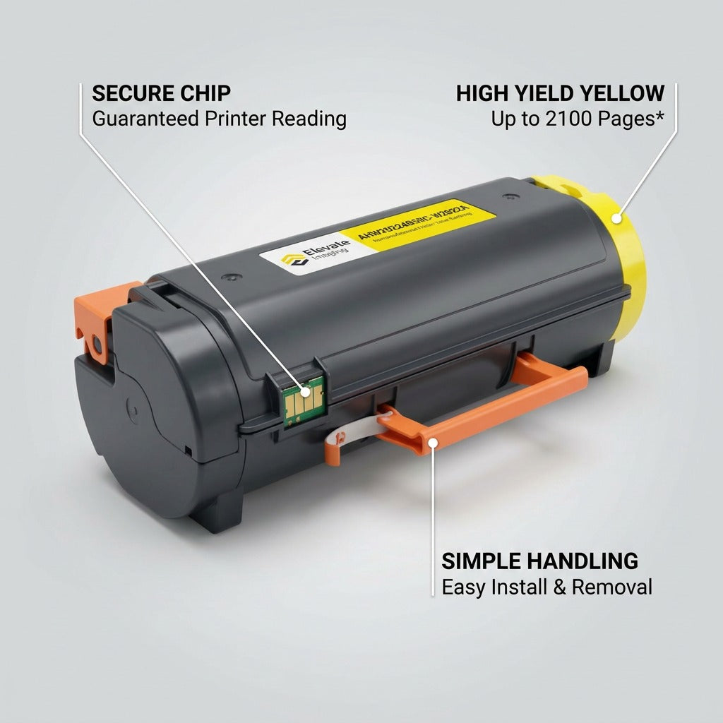 Elevate Imaging HP W2022A Yellow Toner showing secure chip, 2100 page yield, and easy installation.