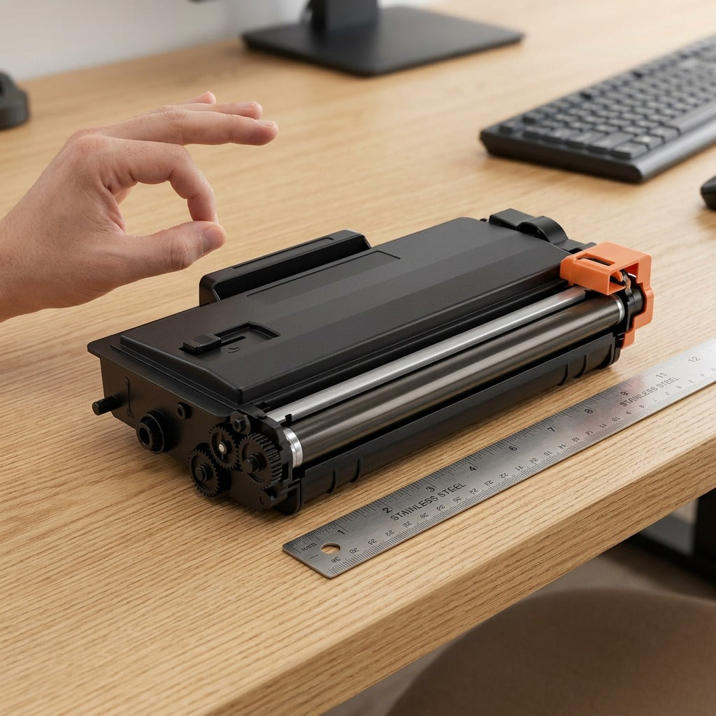 Scale reference of a black Brother TN450 compatible toner cartridge beside a ruler on a desk.