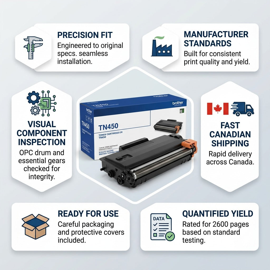 Infographic for Elevate TN450 toner showcasing precision fit, 2600-page yield, and fast Canadian shipping.