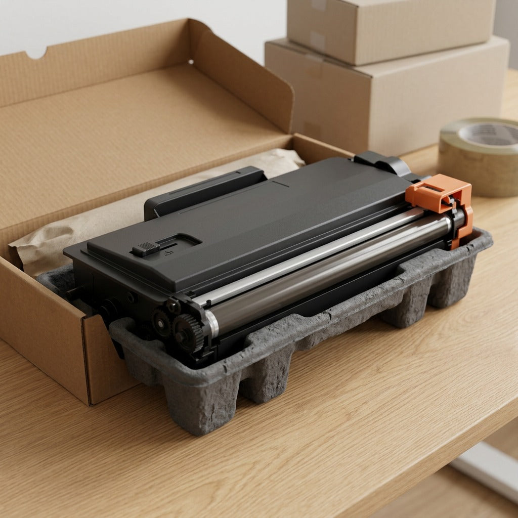 Elevate Imaging Brother TN450 compatible toner cartridge in protective shipping box and materials.
