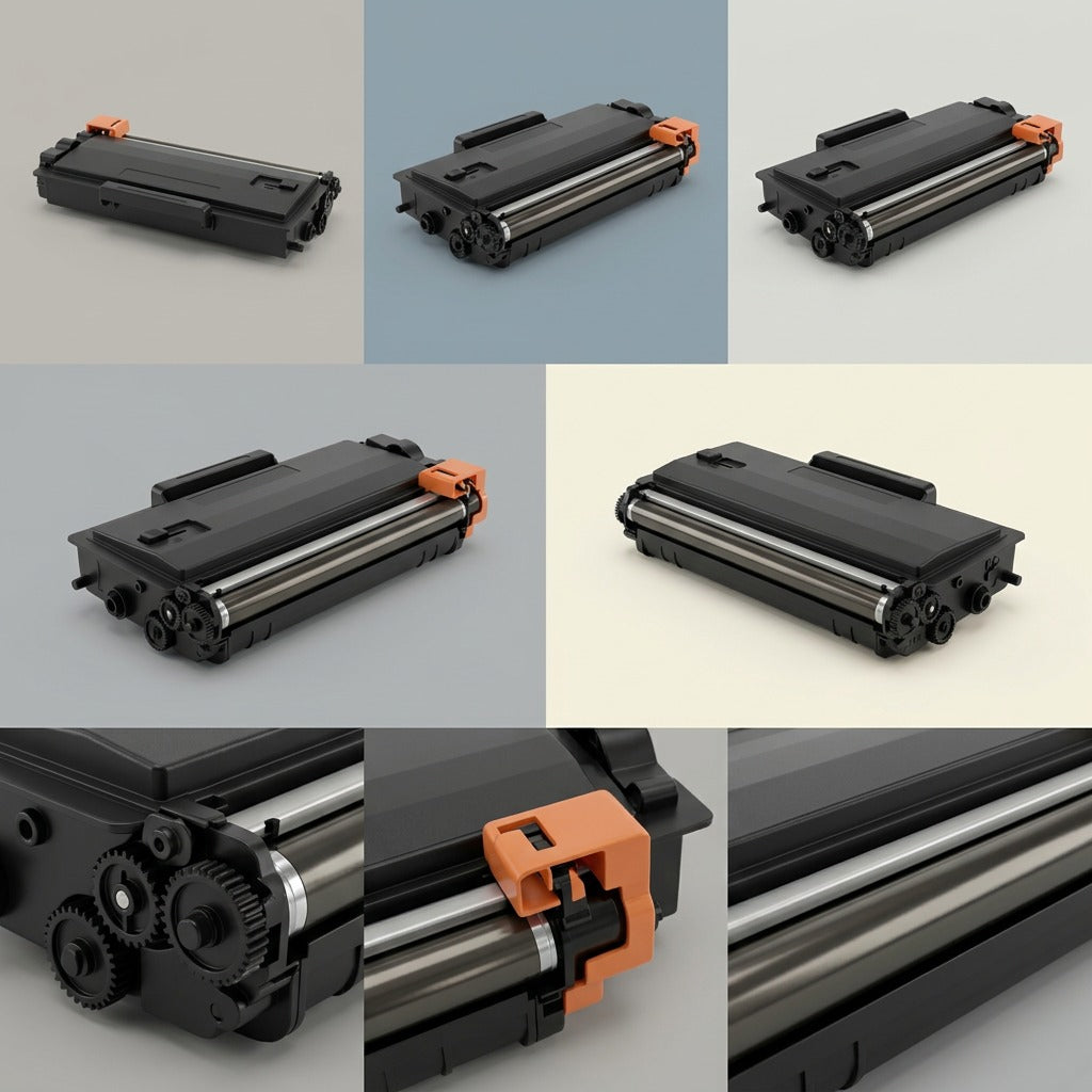Grid showing a compatible Brother TN450 high-yield black toner cartridge from multiple angles.
