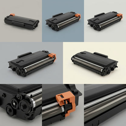 Grid showing a compatible Brother TN450 high-yield black toner cartridge from multiple angles.