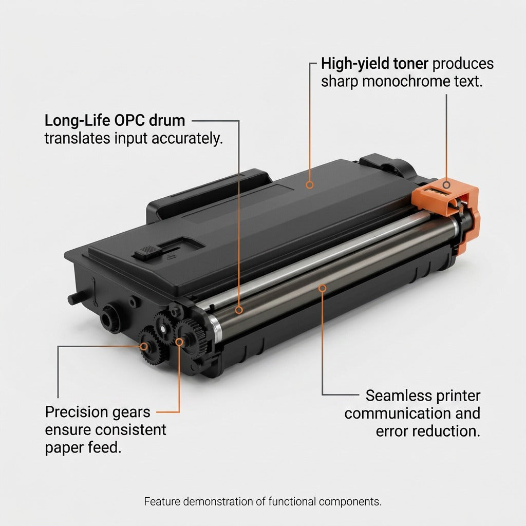 Feature callout for Elevate Imaging Brother TN450 toner highlighting the OPC drum and precision gears.