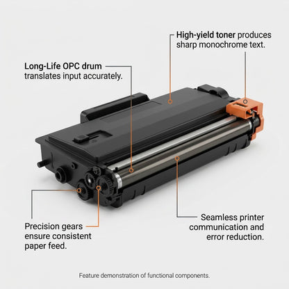 Feature callout for Elevate Imaging Brother TN450 toner highlighting the OPC drum and precision gears.