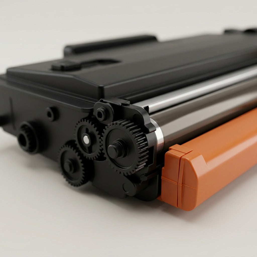 Macro detail of the gears and developer roller on an Elevate Imaging Brother TN450 compatible toner.