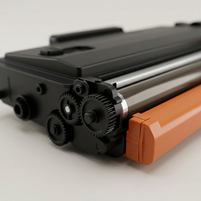 Macro detail of the gears and developer roller on an Elevate Imaging Brother TN450 compatible toner.
