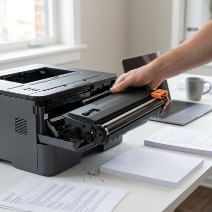Person inserting an Elevate Imaging Brother TN450 compatible toner cartridge into a laser printer.