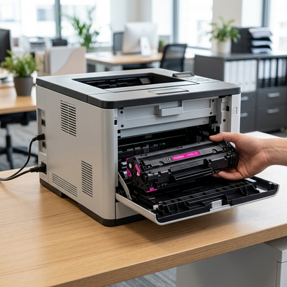 A lifestyle photo showing the black Elevate Imaging laser toner cartridge being installed into a compatible office printer, with clear details.