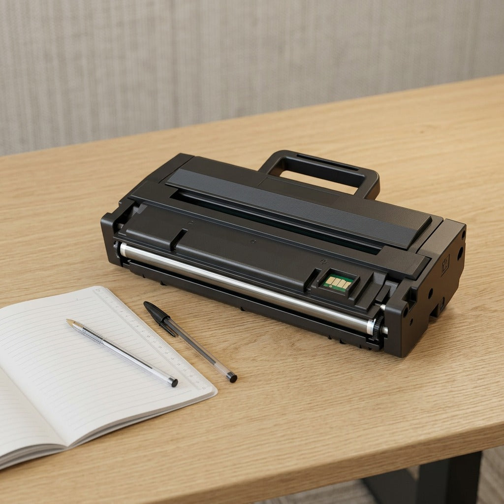 Elevate Imaging MLT-D111L compatible black toner cartridge on a desk next to a notebook and pens.