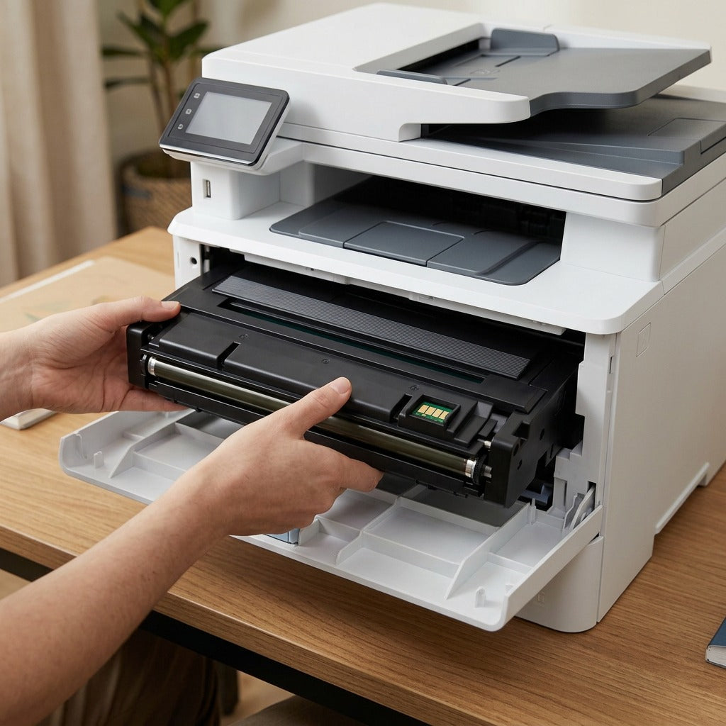 Hands inserting an Elevate Imaging compatible Samsung MLT-D111L toner cartridge into a white printer.