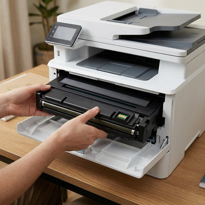 Hands inserting an Elevate Imaging compatible Samsung MLT-D111L toner cartridge into a white printer.