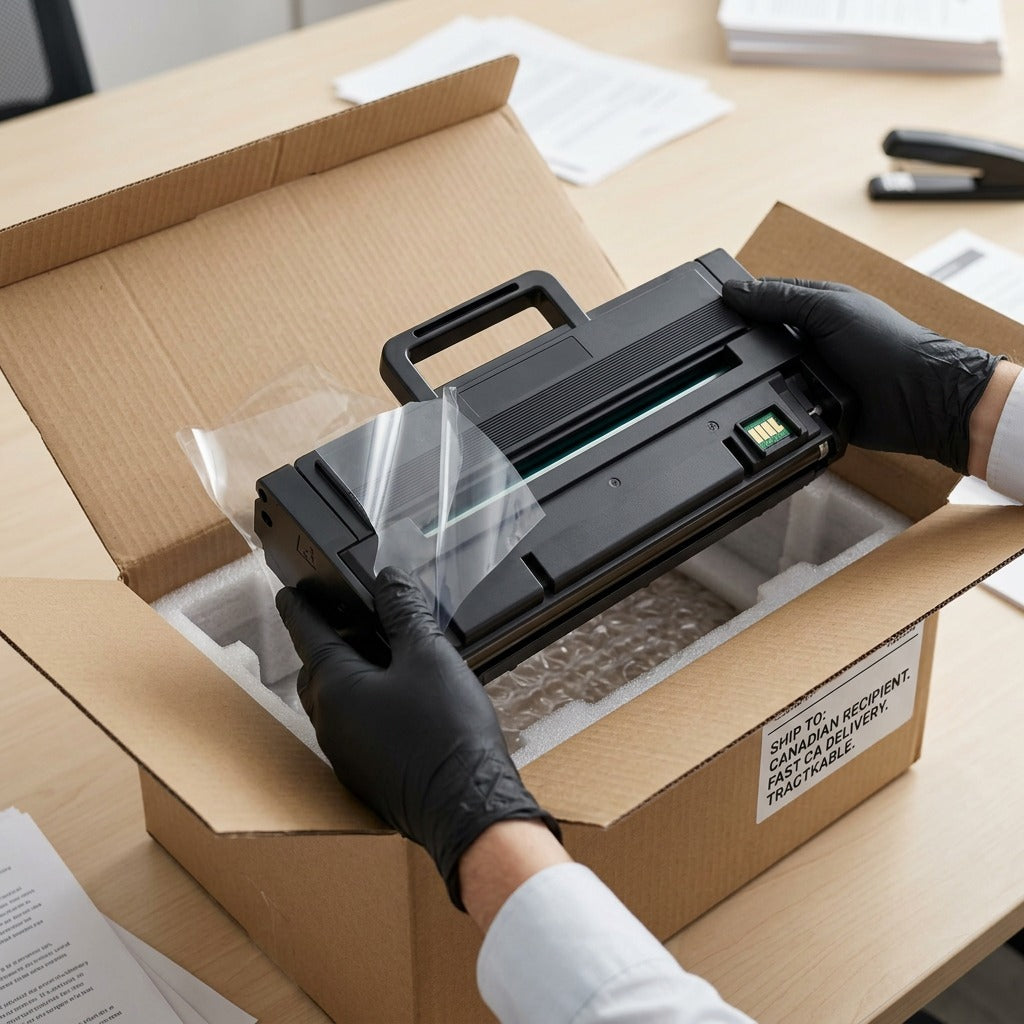 Unboxing an Elevate Imaging MLT-D111L compatible toner cartridge from protected shipping materials.