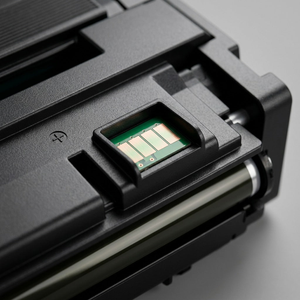 Macro detail of the smart chip and roller on the Elevate Imaging MLT-D111L compatible toner cartridge.