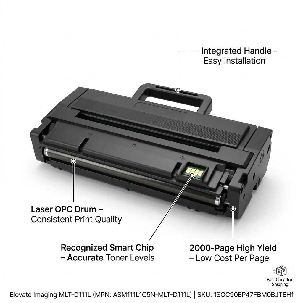 Elevate Imaging Samsung MLT-D111L compatible toner features: smart chip, OPC drum, and 2000-page yield.