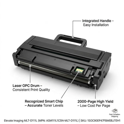 Elevate Imaging Samsung MLT-D111L compatible toner features: smart chip, OPC drum, and 2000-page yield.