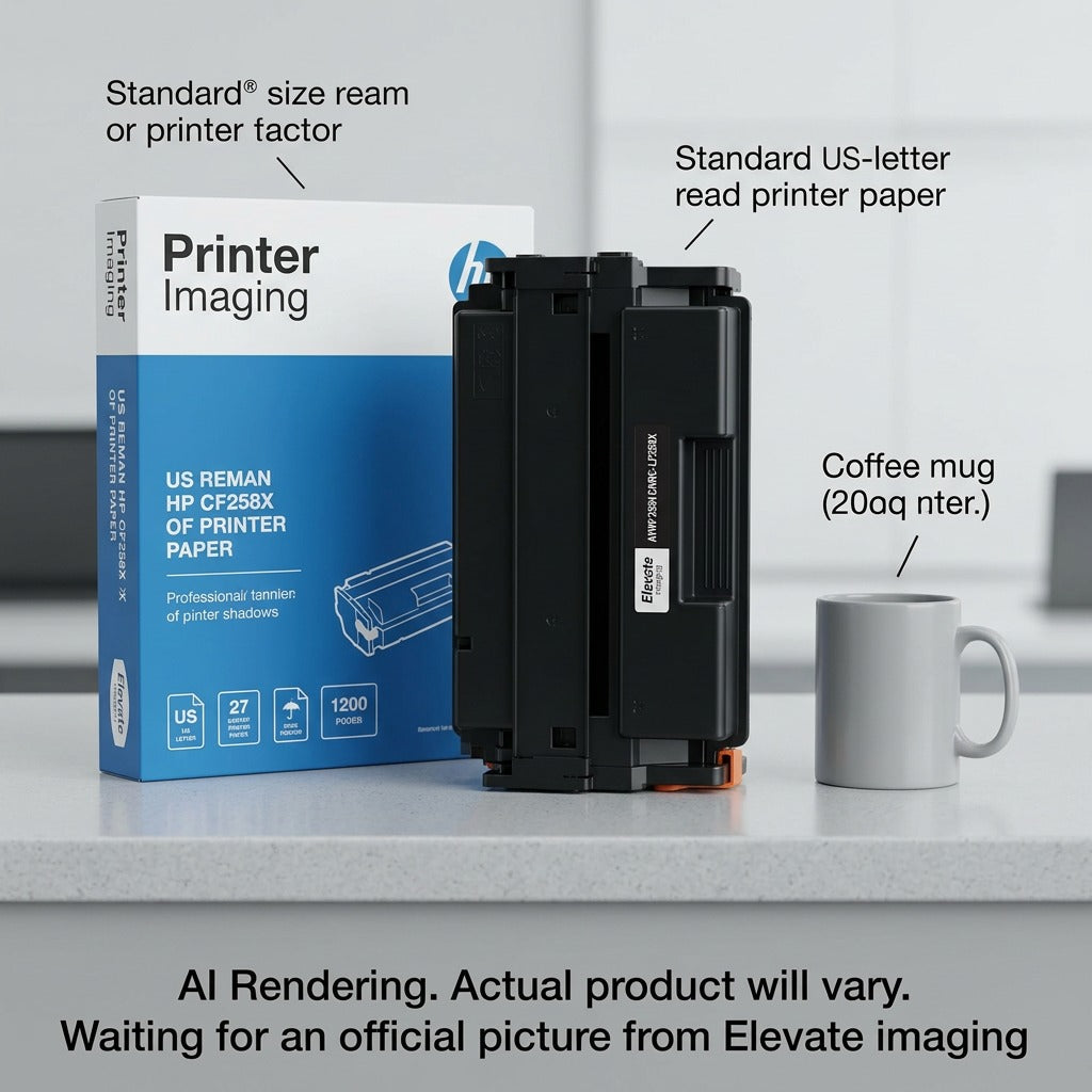 Elevate Imaging HP CF258X toner cartridge on a counter next to a coffee mug for scale comparison.