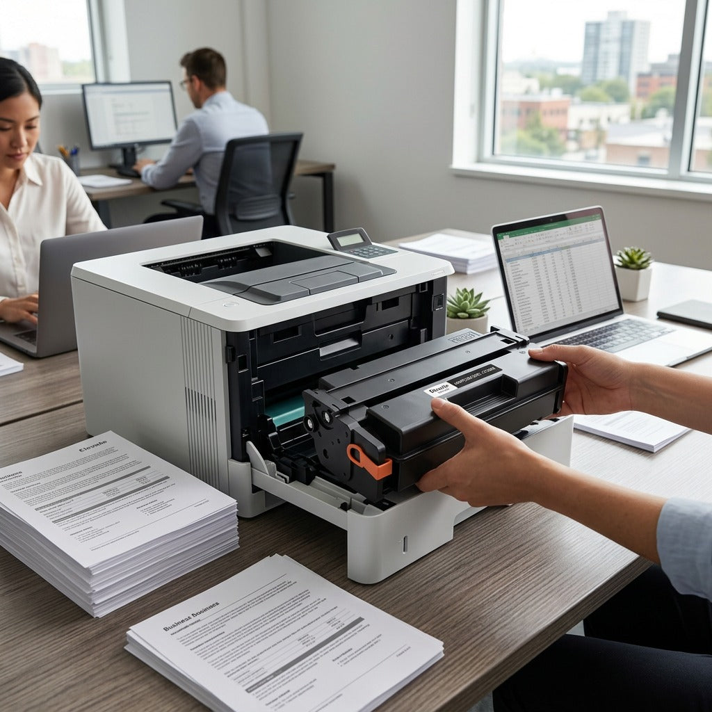 Person installing an Elevate Imaging HP CF258X 58X high-yield black toner cartridge into an office laser printer.