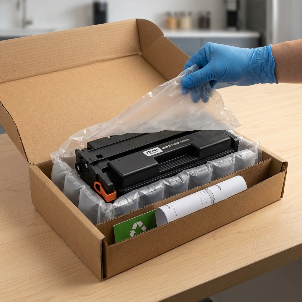 Elevate Imaging HP CF258X toner cartridge arriving in secure protective air-cushioned packaging.
