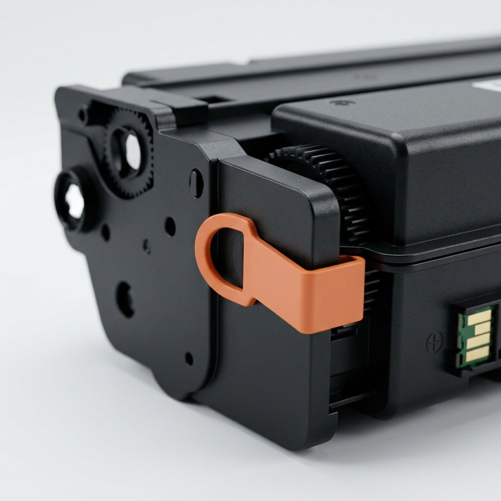 Macro detail of Elevate Imaging HP CF258X toner cartridge showing smart chip and orange pull-tab.