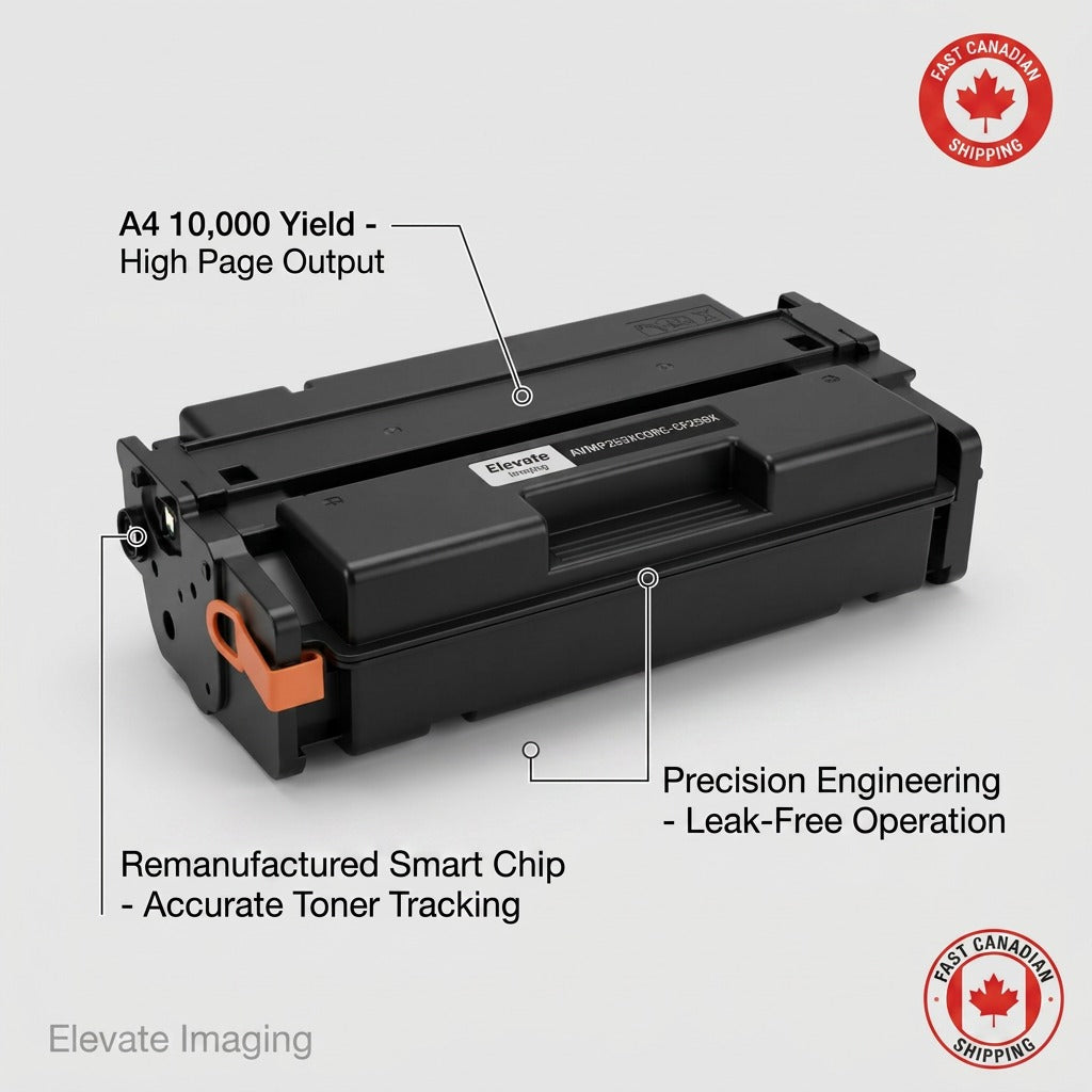 Elevate Imaging HP CF258X toner cartridge featuring 10,000 page yield and remanufactured smart chip.