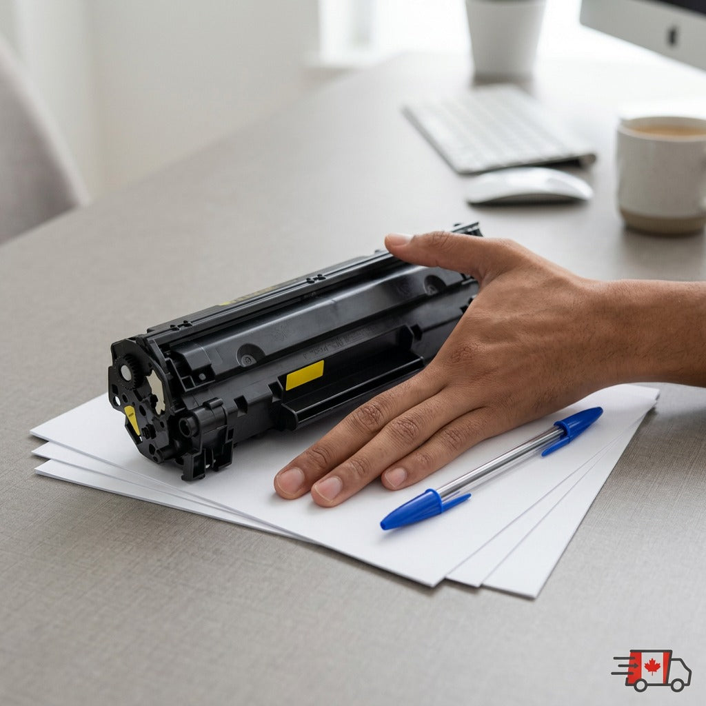 Elevate Imaging HP CB542A Yellow toner cartridge on a desk next to a hand and pen for scale.
