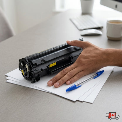Elevate Imaging HP CB542A Yellow toner cartridge on a desk next to a hand and pen for scale.