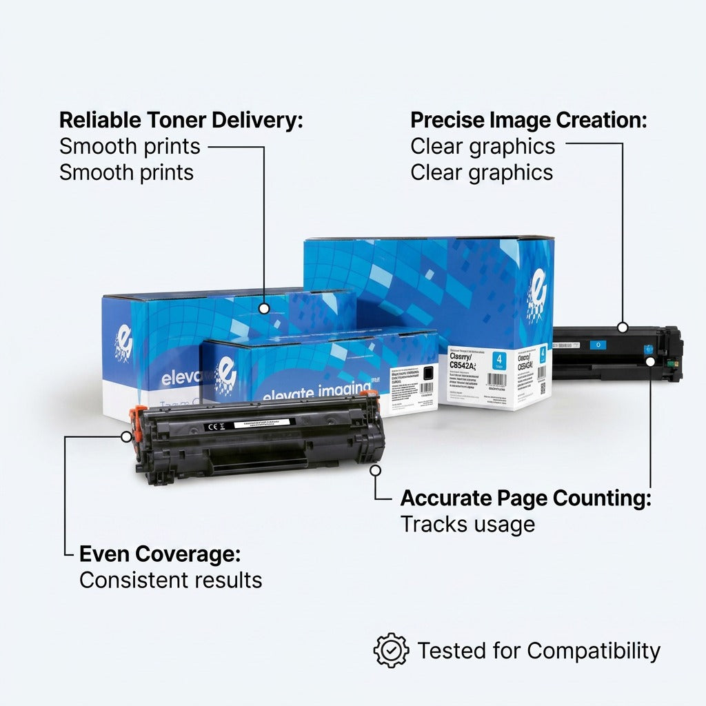 Elevate Imaging HP CB542A toner cartridge features for reliable delivery and precise image creation.