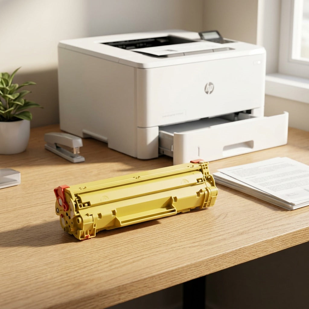 Elevate Imaging yellow CB542A toner cartridge on a wooden desk next to a white office laser printer.