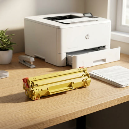 Elevate Imaging yellow CB542A toner cartridge on a wooden desk next to a white office laser printer.