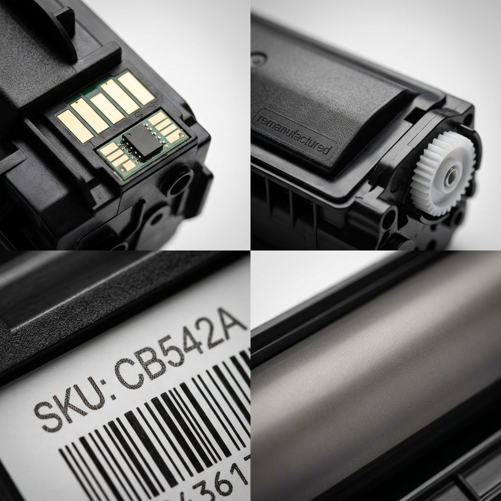 Macro details of an Elevate Imaging HP CB542A toner cartridge showing the chip, gears and roller.