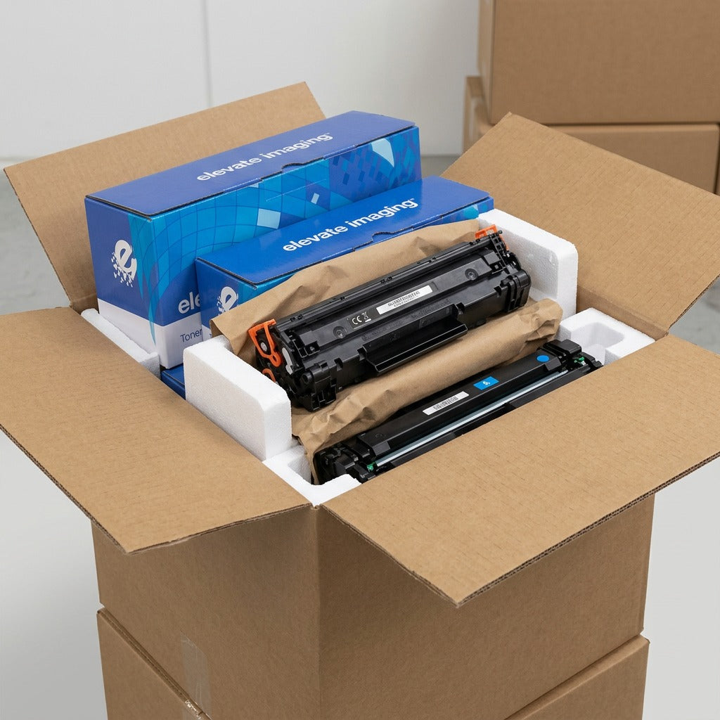 Elevate Imaging HP CB542A toner cartridges securely packed in a box with protective foam inserts.