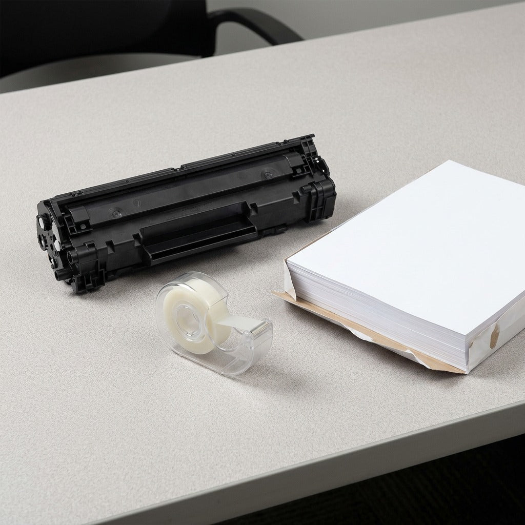 Elevate Imaging HP CE262A Yellow toner cartridge on a desk beside a stack of A4 paper for scale.