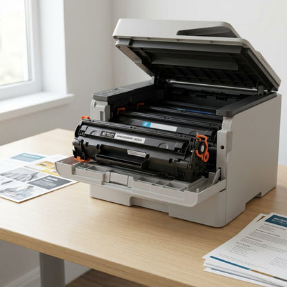 Elevate Imaging CE262A Yellow Toner cartridge being installed into a laser printer on a desk.