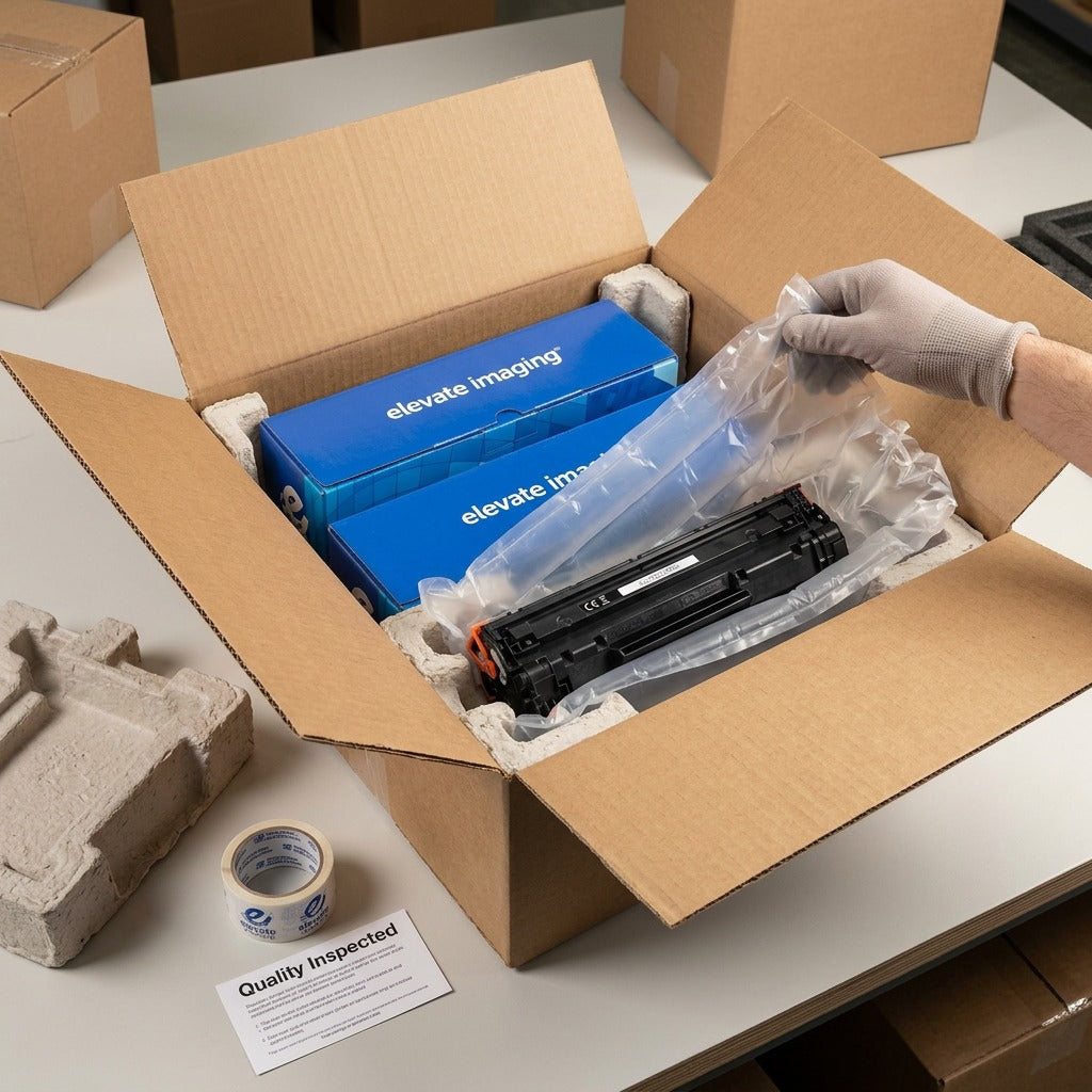 Elevate Imaging laser toner cartridge unboxed with protective air cushions and molded foam inserts.