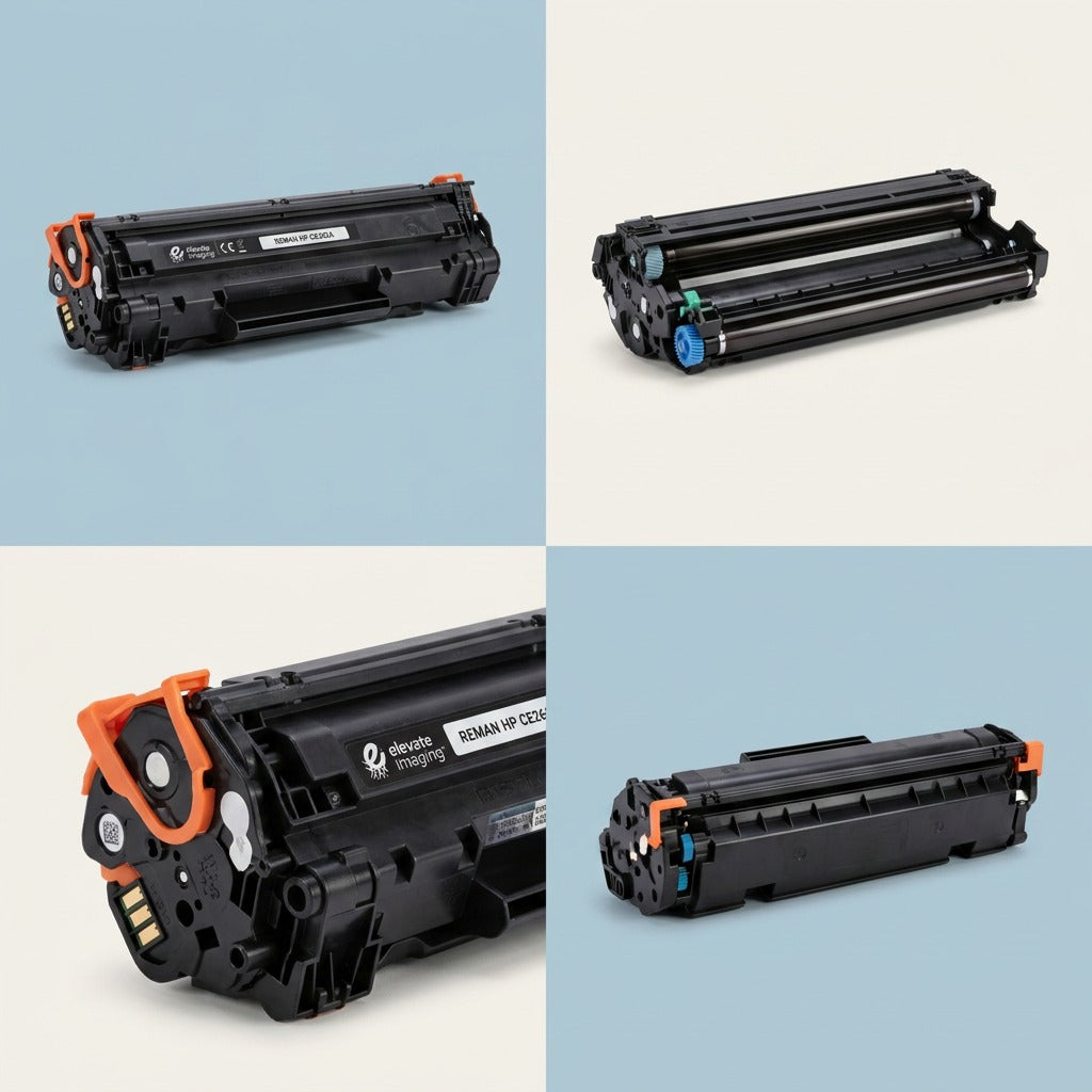 Four-grid view showing the Elevate Imaging Reman HP CE262A Yellow Toner cartridge from multiple angles.