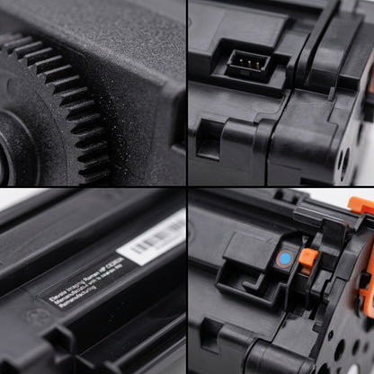 Macro views of Elevate Imaging HP CE262A Yellow Toner showing gears, contact pins, and labeling.