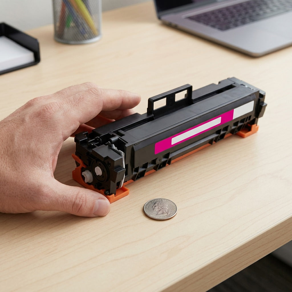 A hand holding an Elevate Imaging Magenta HP W2023A (414A) toner cartridge for size scale reference.