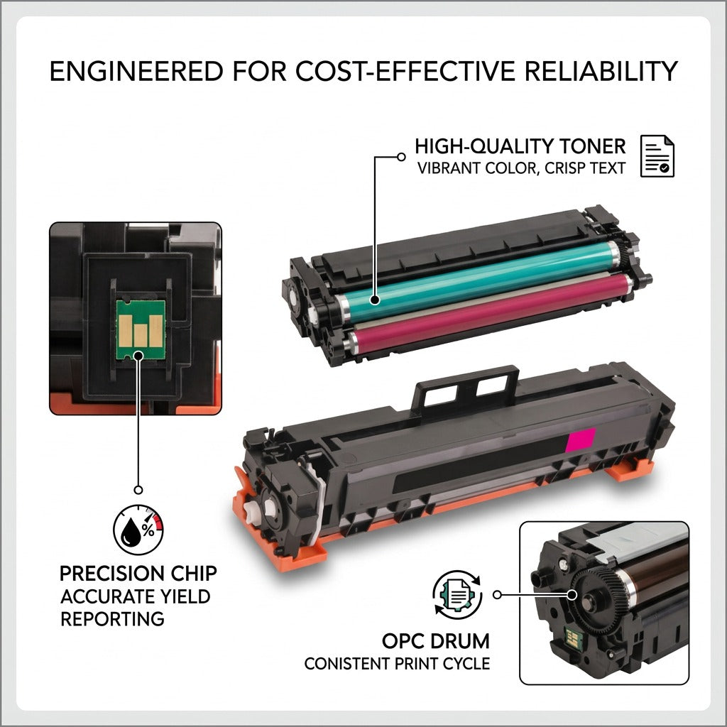 Elevate Imaging magenta toner cartridge technical features: precision chip, high-quality toner, and OPC drum.
