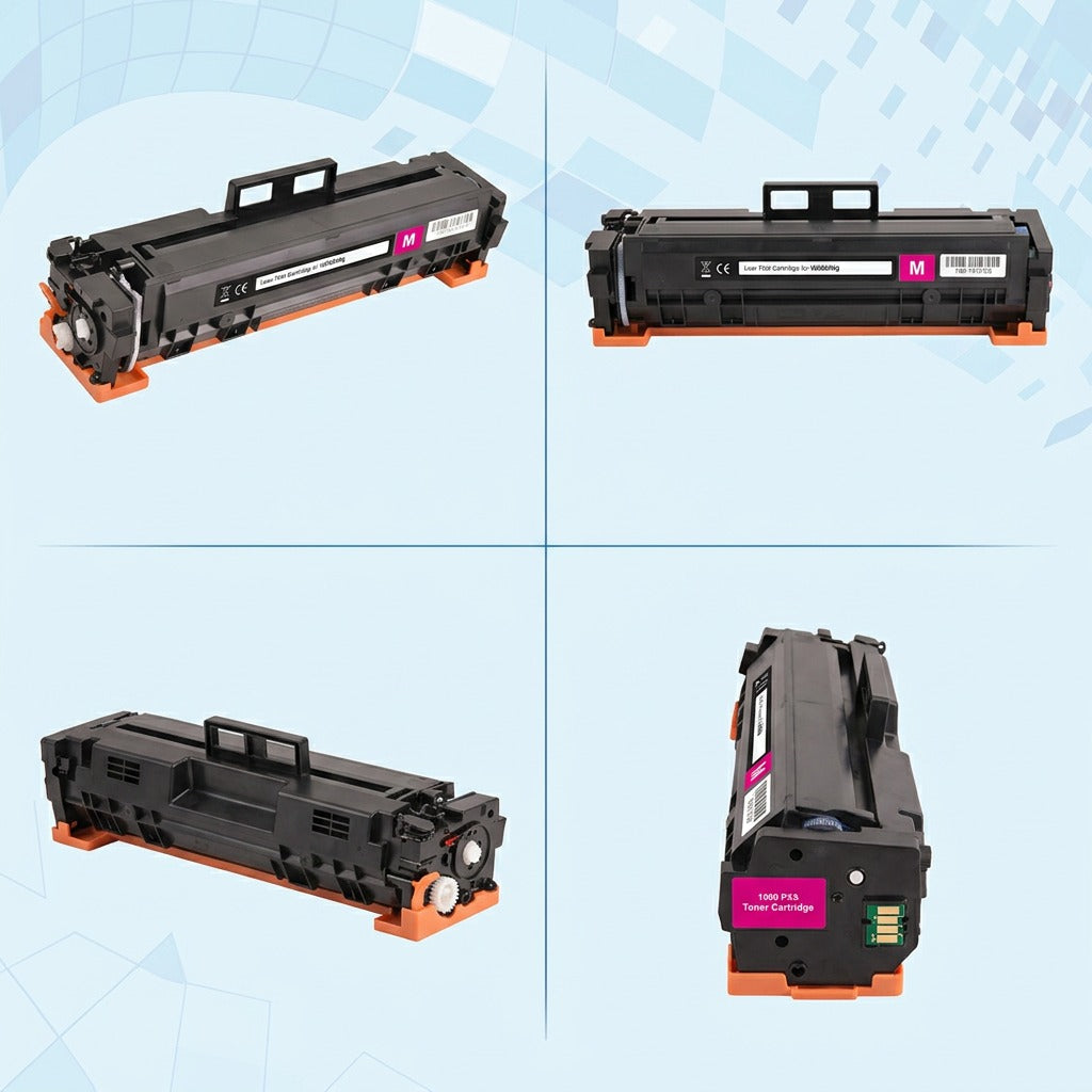 Multiple angles of the Elevate Imaging HP W2023A (414A) compatible magenta toner cartridge.