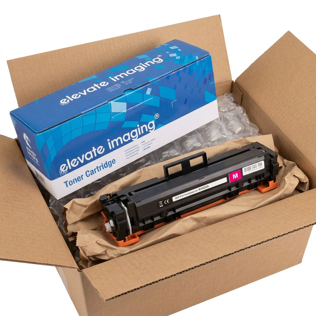 Elevate Imaging magenta toner for HP W2023A unboxed from protective shipping materials.