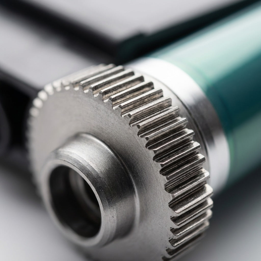 Macro view of the precision metal drive gear and drum for Elevate Imaging HP W2023A magenta toner.