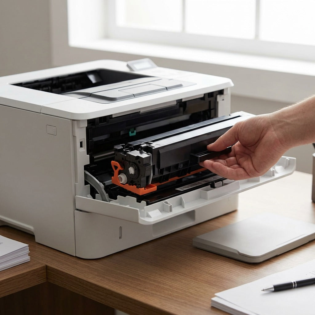 A hand installing an Elevate Imaging W2023A magenta toner cartridge into an HP laser printer.